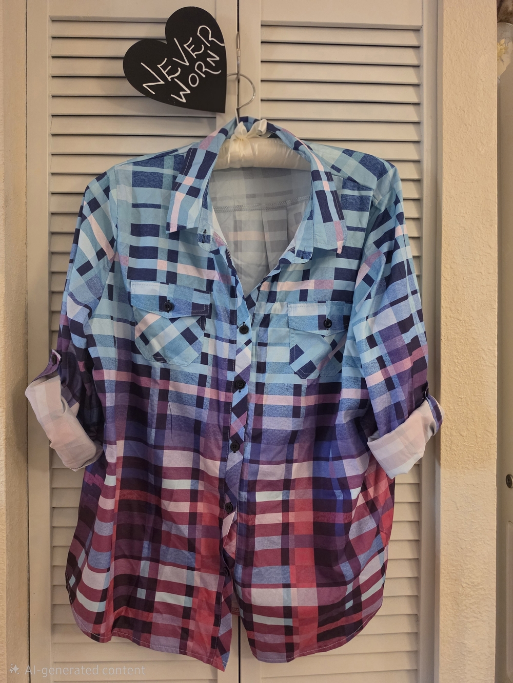Woman's Roll Up Sleeve Ombre Plaid Button-Up Shirt in Blue, Purple & Pink XXL